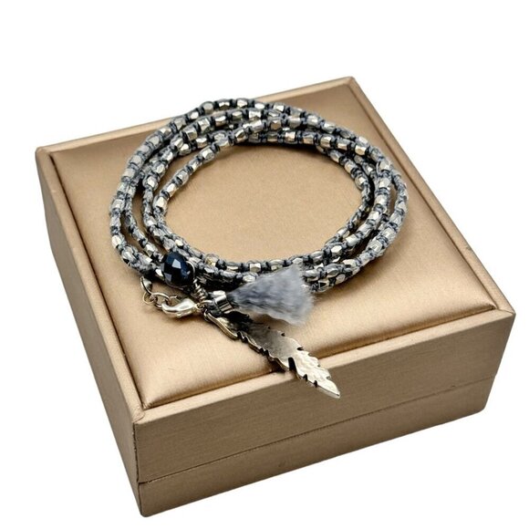 NWT Silver Beaded Braided Multi Wrap Feather Charm Bracelet - Picture 5 of 10